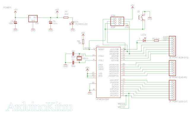 Рис. Arduino UNO схема на Atmega328 — без usb и прочего. Arduino single