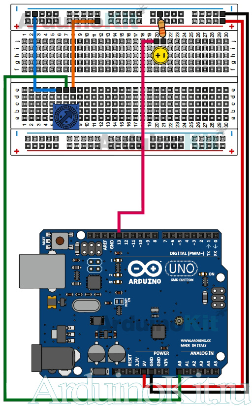 Схема соединений к уроку №2. Arduino и Потенциометр