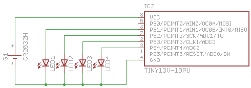 Вид принципиальной схемы рождественского светильника на микроконтроллере ATtiny13