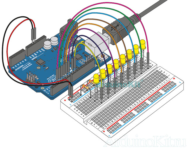 Вид собранного проекта на макетной плате к уроку №4. Arduino и Световые эффекты
