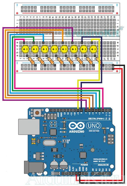 Схема соединений к уроку №4. Arduino и Танцующие светодиоды