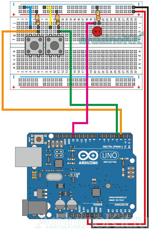 Схема соединений к уроку №5. Arduino и Кнопки