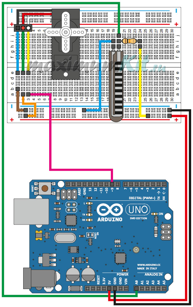 Схема электрических соединений к уроку №9. Датчик Изгиба и Arduino